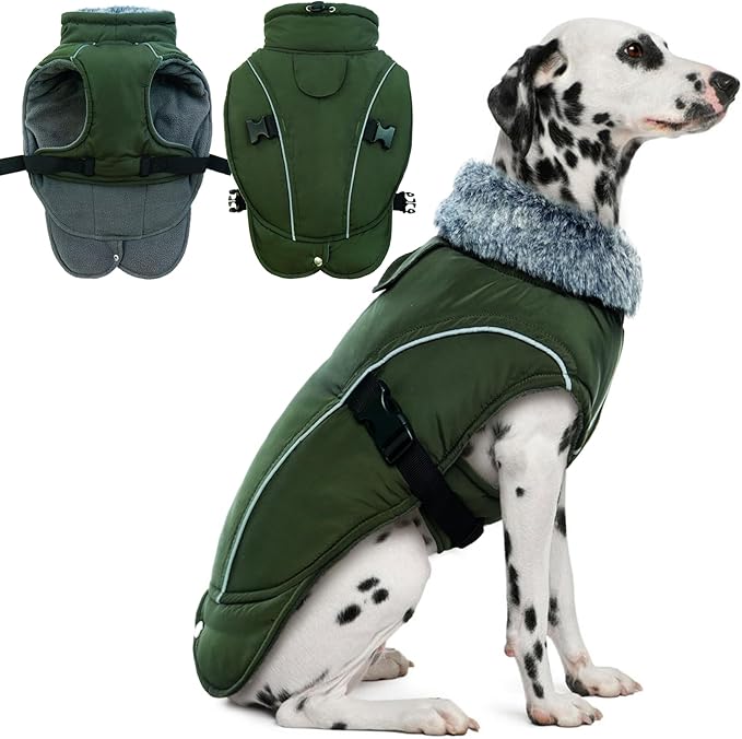 DENTRUN Dog Winter Coat - Windproof Reflective Jacket, Plush Turtleneck & Adjustable Belt, Water Repellent Fleece Lined Cold Weather Vest for Corgi Bulldog, Army Green, L