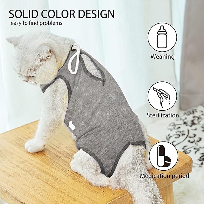 Kitten Onesies,Cat Recovery Suit for Abdominal Wounds or Skin Diseases,After Surgery Wear Anti Licking Wounds,Breathable E-Collar Alternative for Cat Grey M