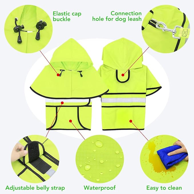 Reflective Dog Raincoats - Waterproof Lightweight Dog Raincoat Rain Poncho, Adjustable Dog Raincoats Jacket for Night Dog Walking (Large, Green)