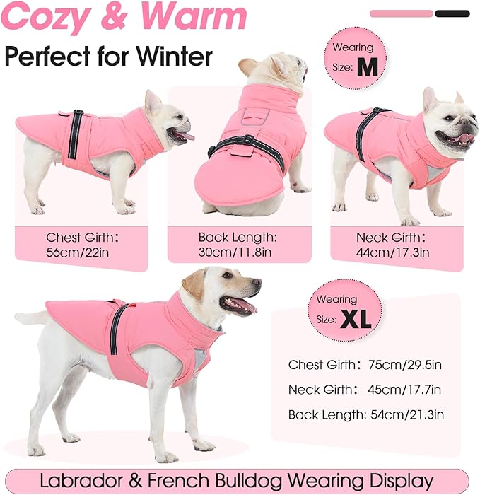 Medium Dog Coat, Warm Dog Winter Jacket, Waterproof Dogs Snowsuit with Foldable High Collar, Reflective Strips, Leash Hole, and Adjustable Hook & Loop Closure - Ideal for Cold Weather - Pink M