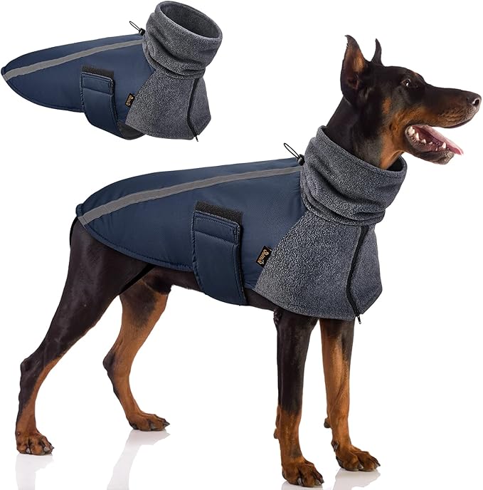 SlowTon Winter Dog Coat, Warm Polar Fleece Lining Doggie Outdoor Jacket with Turtleneck Scarf Reflective Stripe Adjustable Waterproof Windproof Puppy Vest Soft Pet Outfits (XL,Dark Blue)