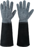 HANDLANDY Long Gardening Gloves for Men & Women, Cowhide Leather Rose Pruning Gloves, Breathable Thorn Proof Gauntlet Glove (Dark Grey-Black, M)