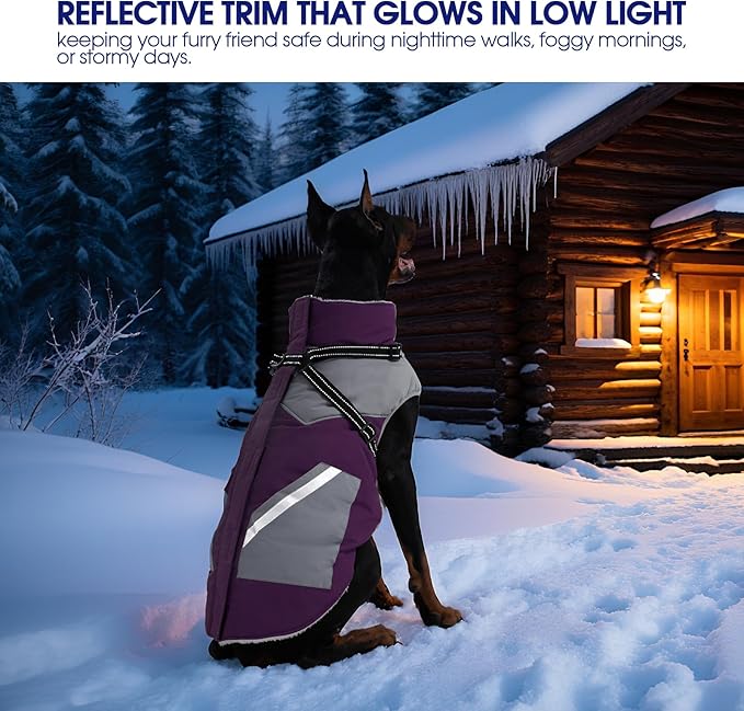 FUAMEY Dog Winter Jackets for Large Dogs,Dog Coat with Harness Built in,Waterproof Dogs Snowsuits Warm Pet Jacket Zip Up Fleece Cold Weather Coats Reflective Puppy Vest with Pocket Purple 2XL