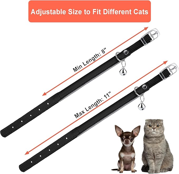 OOPSDOGGY Rolled Leather Cat Collar with Bell, Reflective Kitten Collars with Buckle Include Safety Elastic Strap - Adjustable Small Pet Collars for Boy Girl Cats (Black)