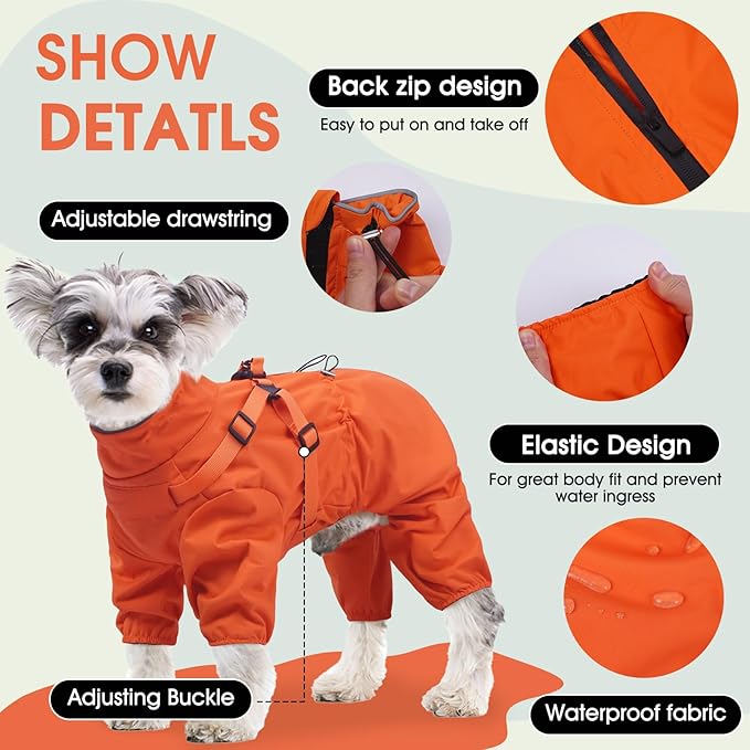 BRKURLEG Dog Raincoat for Small Dogs, Small Dog Rain Jacket with Harness Built in, Waterproof 4 Legs Pet Raincoats, Puppy Outdoor Jacket with Reflective Strip, Orange, XXL