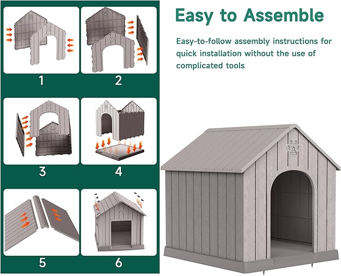 DRATO Indoor Outdoor Waterproof Dog House,PP Material,Puppy Shelter with Air Vents and Elevated Floor,Sturdy Dog Kennel for Small to Large Sized Dogs, Easy to Assemble (Gray, 38.62×36.26×38.07 Inches)