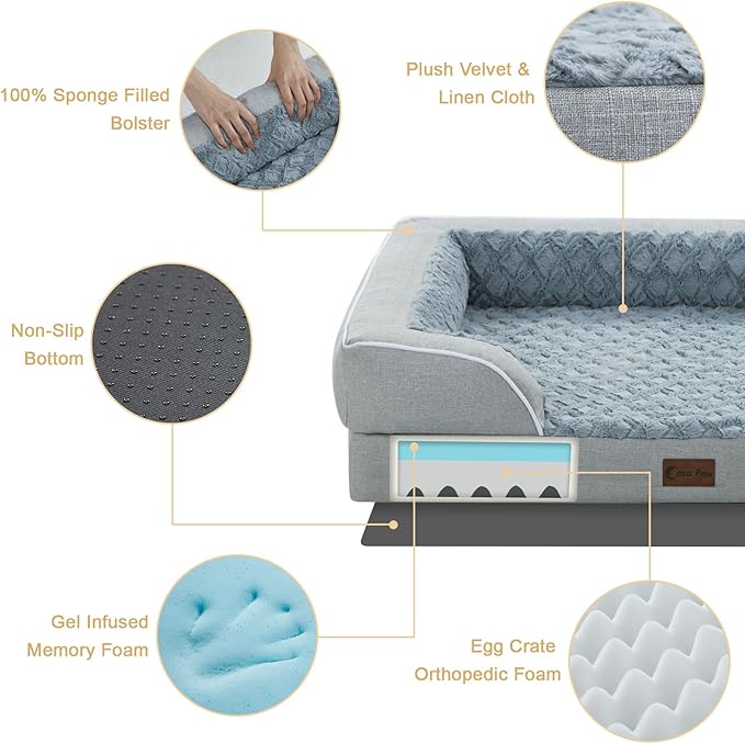 Orthopedic Dog Beds for Extra Large Sized Dogs, Waterproof Memory Foam XL Pet Bed with Sides 42x30Inch, Non-Slip and Egg-Crate Foam Big Dog Couch Bed with Removable Washable Cover, Light Grey