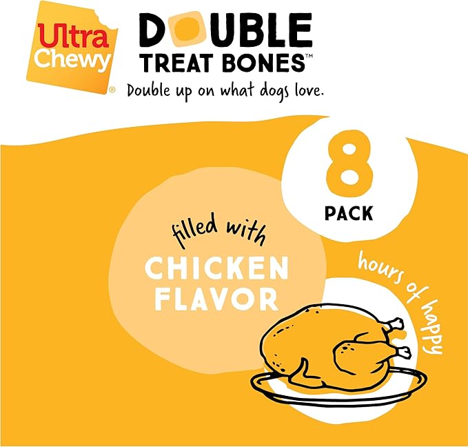 Ultra Chewy Double Treat Bones: Long-Lasting Treats Made in USA for Large and Small Breeds, Highly Digestible, for Aggressive Chewers (Bacon Cheese and Chicken Flavor, 2 Packs)