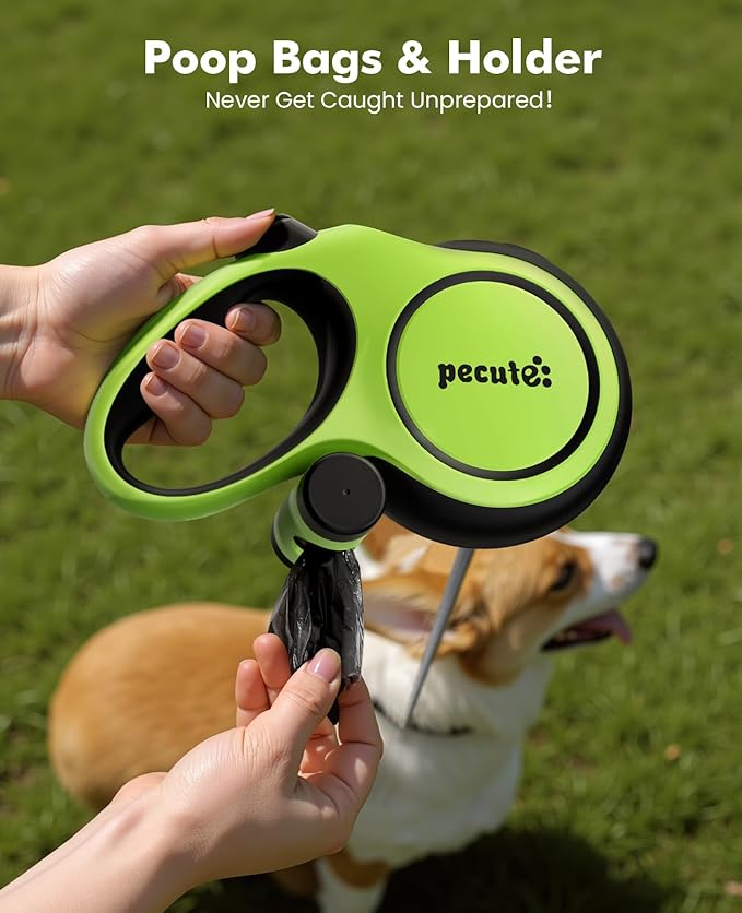 Retractable Dog Leash for Large Dogs, 26ft Heavy Duty Retractable Dog Leash with Poop Bag Holder, Anti-Slip Soft Grip, Reflective Leashes for Medium Large Pets up to 110 lbs(Green)