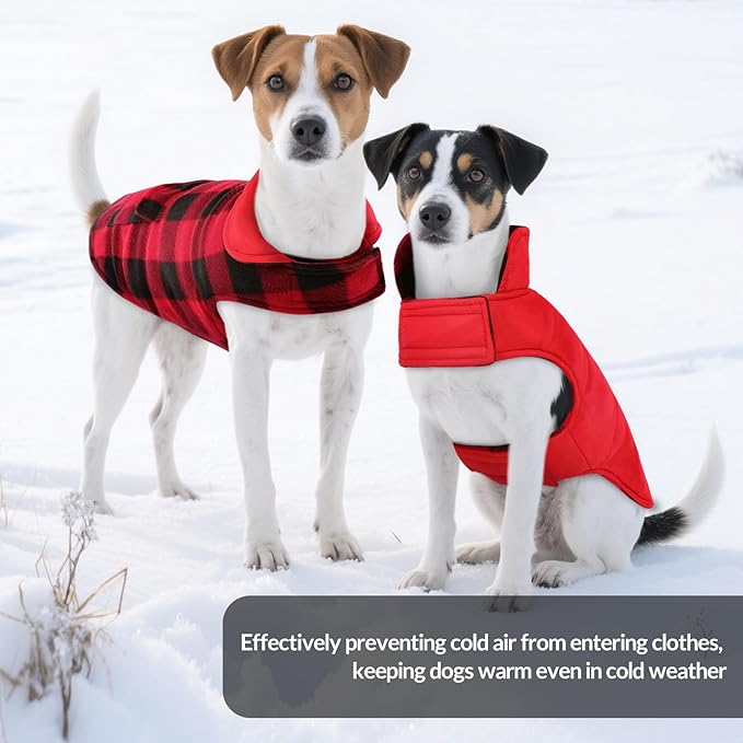 ASENKU Dog Winter Coat, Fleece Doggie Jacket Plaid Reversible Vest Waterproof Windproof Cold Weather Clothes for Small Medium Large Dogs(XS, Red)
