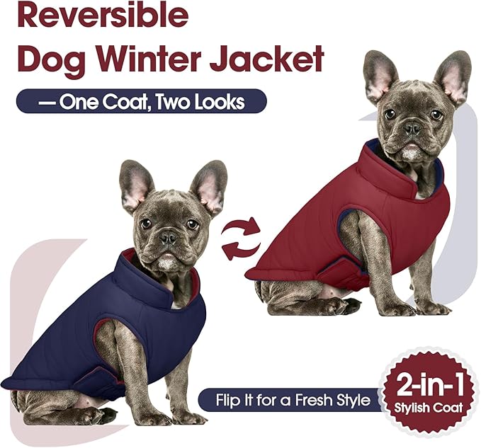 QBLEEV Reversible Dog Coat for Large Dogs, Waterproof Windproof Winter Jacket Keeps Big Breeds Warm & Dry, Adjustable Hook & Loop Puffer Vest, Wine Red, 3XL – Fits Labrador, Weimaraner, Great Dane