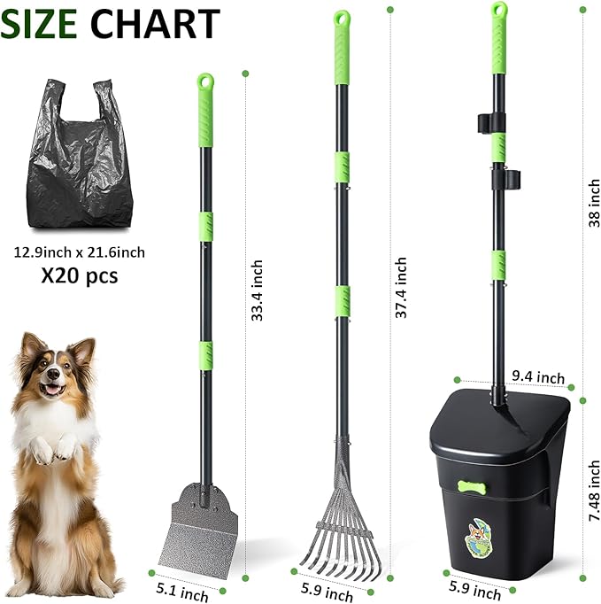 Dog Pooper Scooper, Long Handle Adjustable Metal Swivel Bin & Rake & Spade Kit with 20 Waste Bags, Portable Heavy Duty Dog Poop Scooper for Gravel Lawn, Suit for Small Medium Large Dog