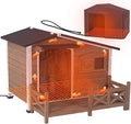 GUTINNEEN Heated Dog House Outdoor Dog Kennel with Safe Heated Pad, Chew-Proof Metal Frame and Rotating Food Bowl for Small to Medium Dogs, 44.6" L x 41.1" W x 32.9“H (Dark Brown)