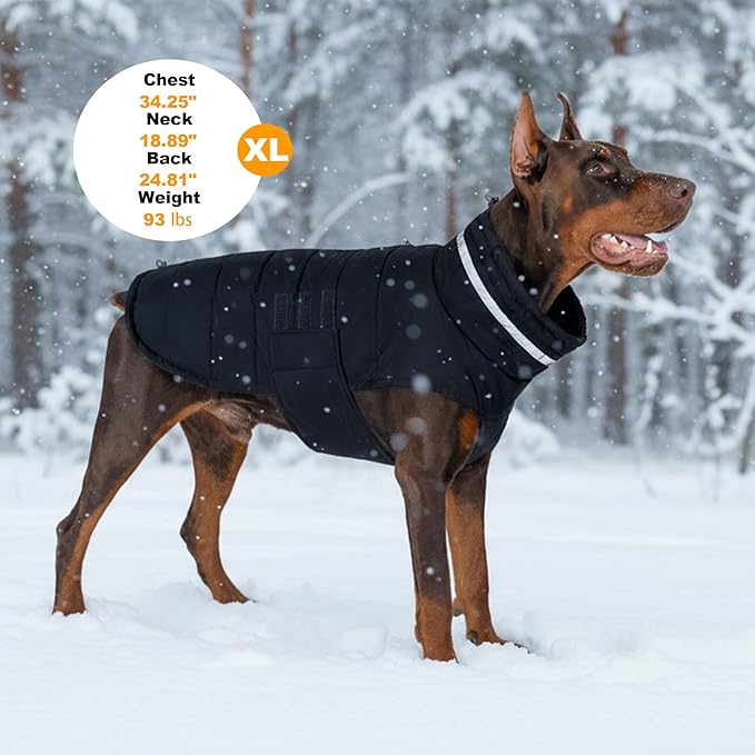 Dog Coat, Waterproof Winter Jacket, Warm Windproof Vest, Reflective Adjustable Turtleneck Coats for Medium and Large Dogs with Hook & Loop - Black - L