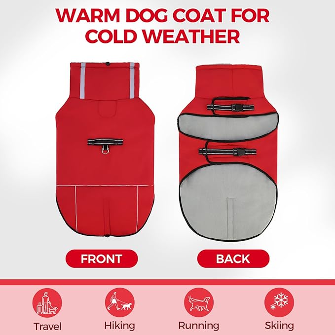 Mihachi Dog Coat for Large Dogs, Warm Dog Winter Coat Waterproof Dogs Jacket with Harness Built in Reflective Pet Fleece Vest, Puppy Cold Weather Coats Turtleneck & Windproof Pet Snowsuit, Red XL