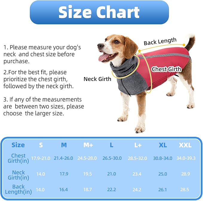 SlowTon Winter Dog Coat, Warm Polar Fleece Lining Doggie Outdoor Jacket with Turtleneck Scarf Reflective Stripe Adjustable Waterproof Windproof Puppy Vest Soft Pet Outfits (L+,Red)