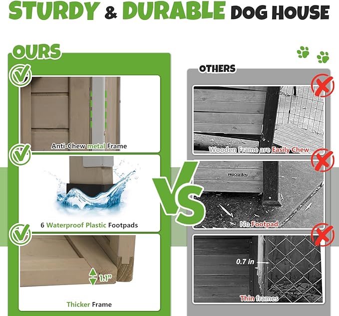 Large Outdoor Wooden Dog House, Weatherproof Dog Houses with Adjustable Vent Windows, Alloy Chew-Resistant Frame, Removable Floor for Medium & Large Dogs, (43.5" L x 29.5" W x 33.5" H)
