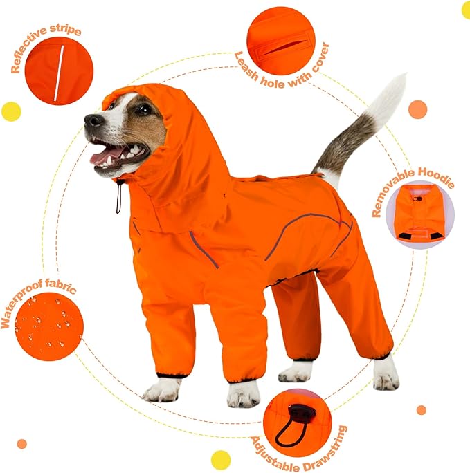 Dog Raincoat, Waterproof Dog Rain Jacket with Removable Hood，Adjustable 4 Legs Pet Poncho with Leash Hole，Reflective Stripe Hooded Snowproof Windproof Clothes for Small to 3X-Large Dogs, M