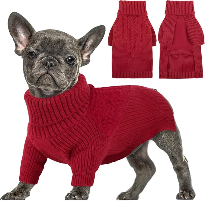 Queenmore Dog Sweater, Puppy Sweater for Small Dogs,Warm Winter Fall Dog Sweaters for Dog Girls Boys, Solid Turtleneck Knit Sweater for Large Medium Dogs,Long Sleeves Christmas Dog Sweater Red,XS