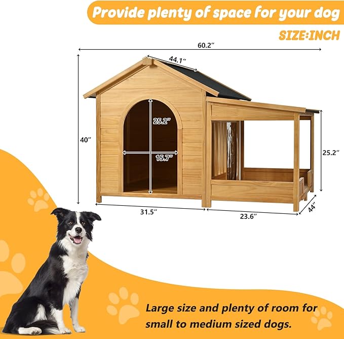 Merax 60.2" Wooden Dog House Outdoor with Insulated Liner for Winter, Extra Large Breed Outside Kennel with Weatherproof, Asphalt Roof, Elevated Floor, Fencing and Porch, for Medium & Large Dogs