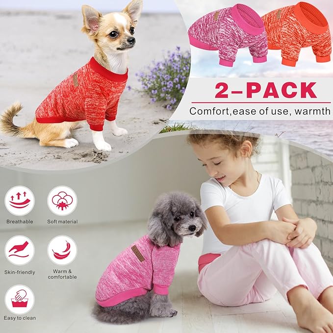 2 Pieces Pet Dog Classic Knitwear Sweater, Fleece Coat for Small,Medium Dogs,Warm Pet Dog Cat Clothes,Soft Puppy Customes for Chihuahua Yorkshire Tzu (Rose Red Orange,S)