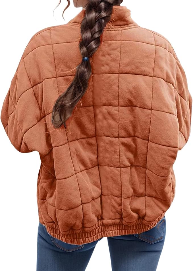 LIZALIG Warm Padded Coat for Women Full Zip Quilted Jackets Winter Oversized Causal Solid Color Stand Collar Pockets Coat