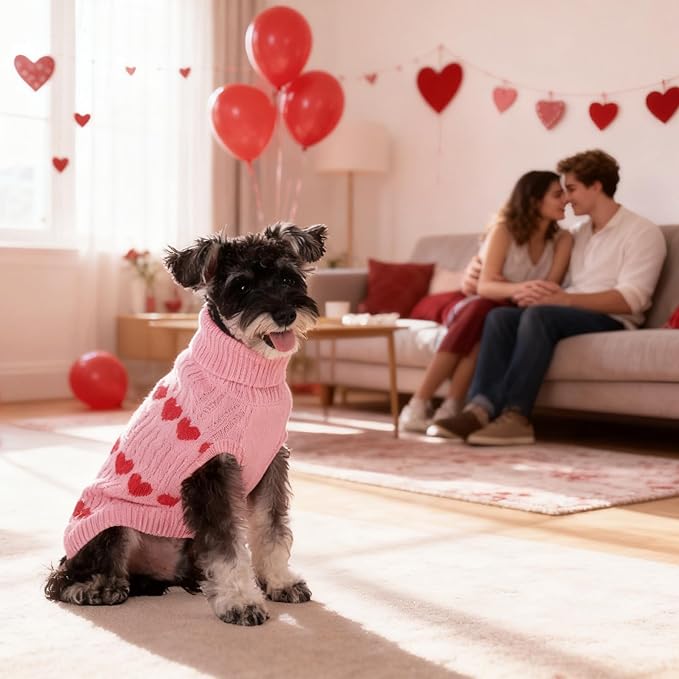 KOOLTAIL Cable Knit Dog Sweater Turtleneck, Cold Weather Pullover Classic Knitwear, Snowflake Pattern Thick Warm Winter Pet Clothes,Dog Christmas Sweater for Small Medium Large Dogs,Pink Heart SM