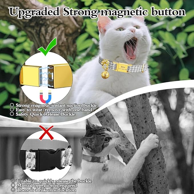 Personalized Breakaway Cat Collars - Magnetic Buckle, Bell - Safety Quick Release, Customized for Girls & Boys Cats- (Houndstooth-Grey)
