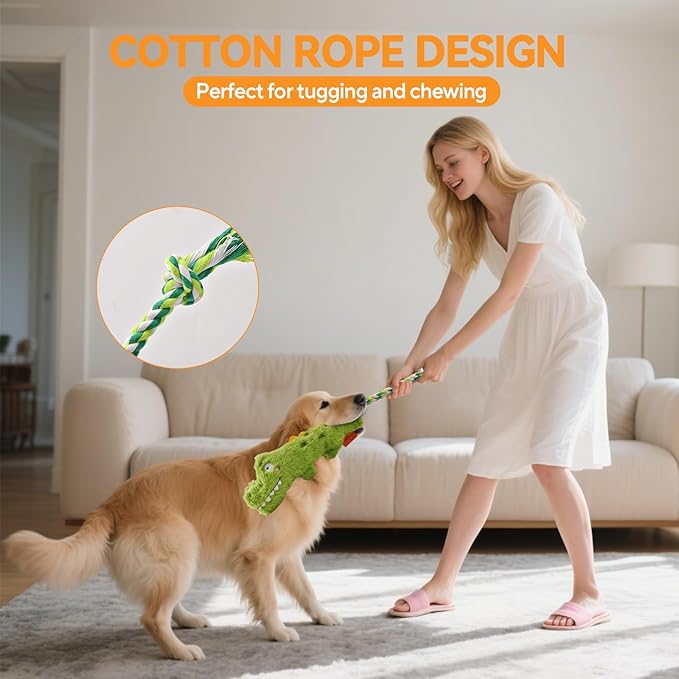 AUSCAT Plush Dog Rope Toy, Durable Squeaky Dog Toys for Puppy Small Medium Dogs (Not for Aggressive Chewers), Crocodile