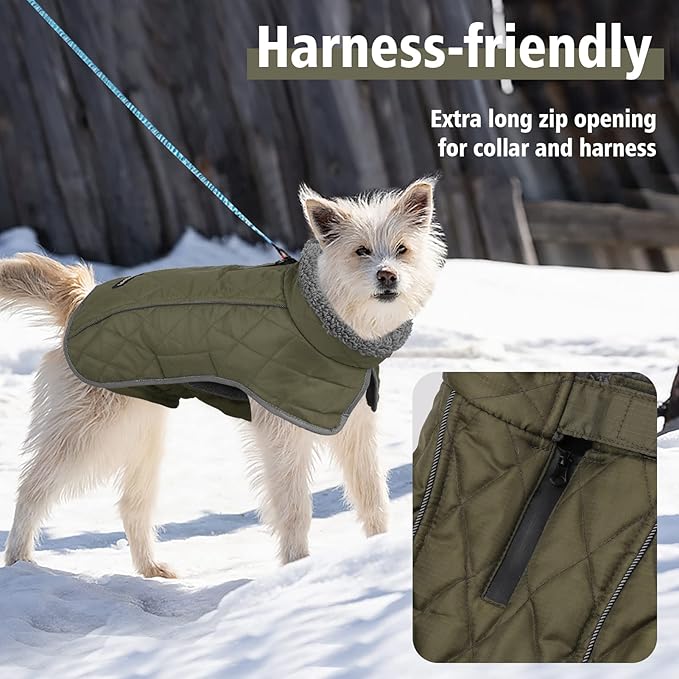 Fragralley Dog Coat Small, Waterproof Dog Jacket with Warm Fleece Lining, Adjustable Reflective Dogs Winter Coat, Turtleneck Pet Coats for Cold Weather ArmyGreen S