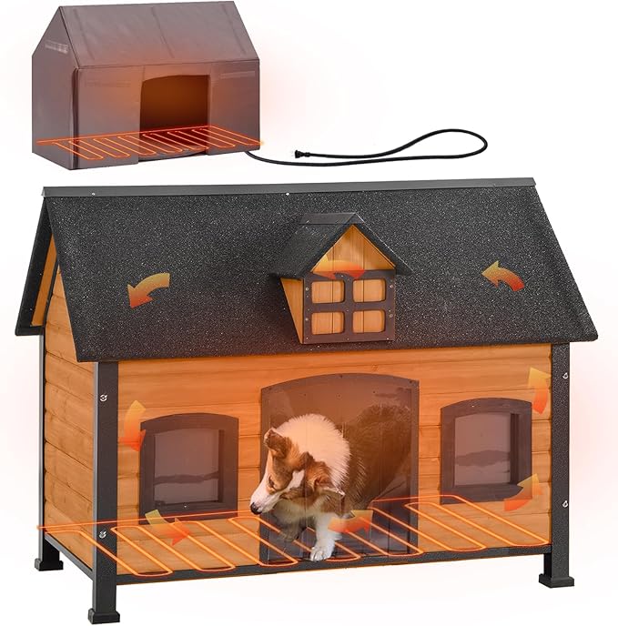 GUTINNEEN Outdoor Heated Dog House with Anti-Bite Metal Frame Insulated Winter Dog Kennel Waterproof with Heater and Insulated Liner for Small to Medium Dogs