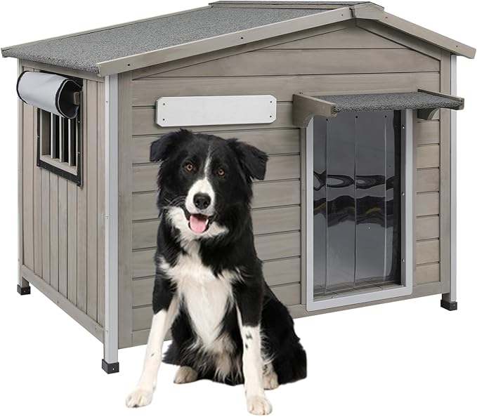 40'' L Large Dog House Outdoor Indoor, Wooden Dog Houses with Waterproof Roof, Door Curtain, Anti-Chewing Frame, Elevated Doghouse Shelter Bed Kennel with Window, Openable Roof