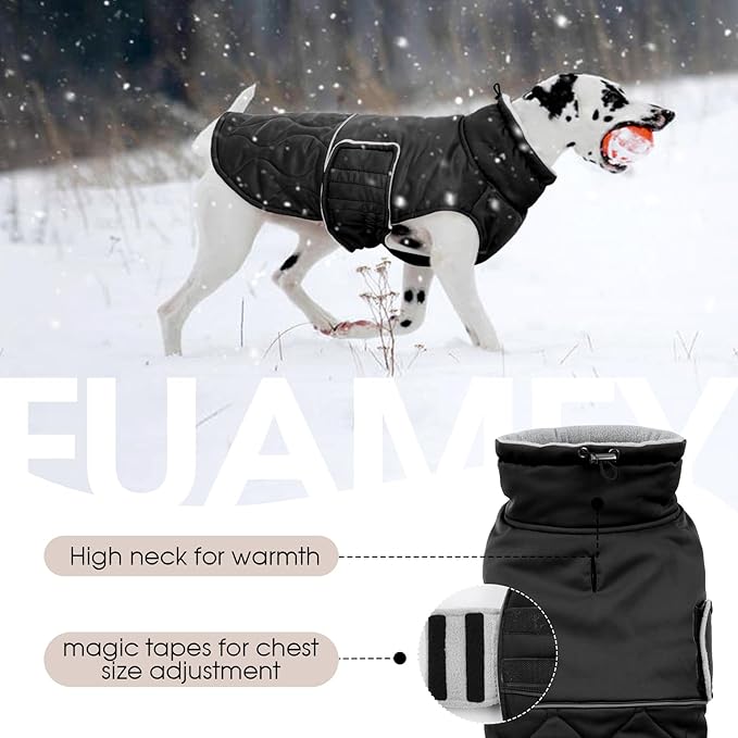 FUAMEY Dogs Warm Jackets Cold Weather, Extra Large Dog Coat Fleece Lined, Thermal Sow Winter Outfits, Adjustable Sleeveless Doggy Vest with Harness Hole (Black, 2XL)