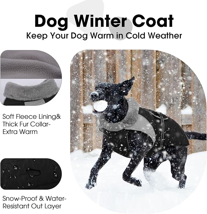 Nanaki Warm Fleece Lined Winter Coat Jacket Vest For Dogs, Waterproof Reflective Dog Snowsuit With Leash Hole, Furry Collar Medium Puppy Coat for Outdoor Walking Hunting, Easy On Pet Snowsuit Black XL