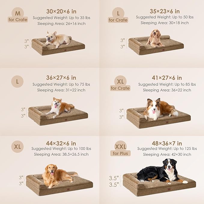EHEYCIGA Memory Foam Dog Bed Large Sized Dogs, Pet Bed for Large Dog for Crate with Waterproof Liner, Pet Couch Bed Orthopedic with Washable Removable Cover, 35x23x6 Inches, Camel