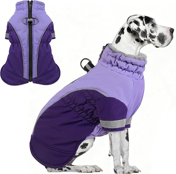 AOFITEE Dog Coat- Two Legged Extra Large Dog Winter Jacket - Zipper Dogs Cold Weather Coat with Harness, Warm Pet Puffer Jackets Reflective Pet Snow Coats for Great Dane, Purple 3XL
