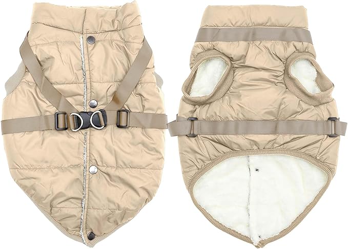 Dog Jacket with Harness,Fleece Lined Warm Puppy Coat for Winter,Soft Windproof Medium Dog Vest,Khaki XL