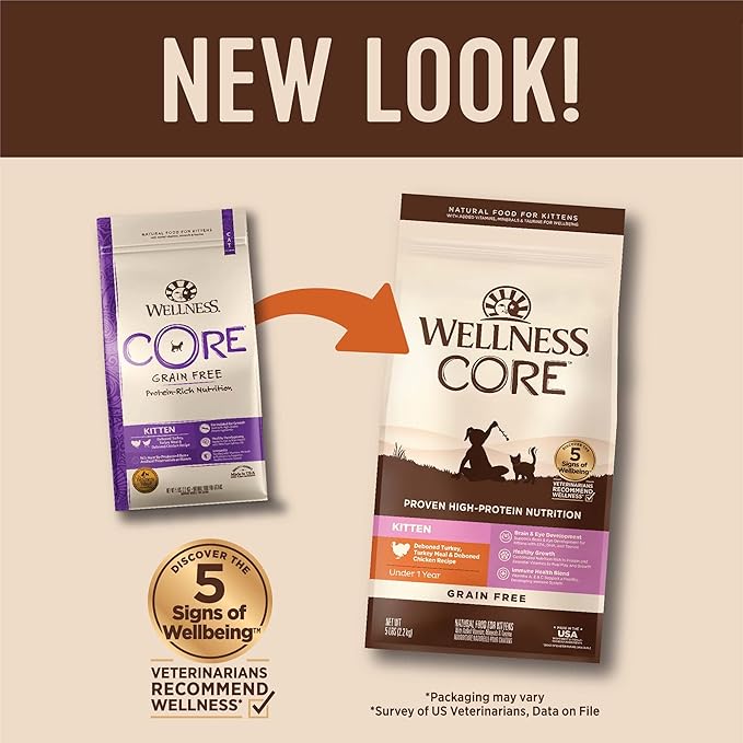 Wellness CORE Kitten Dry Cat Food for Indoor & Outdoor Cats, Grain Free, Natural, Original Turkey, Turkey Meal and Chicken (5 Pound Bag)