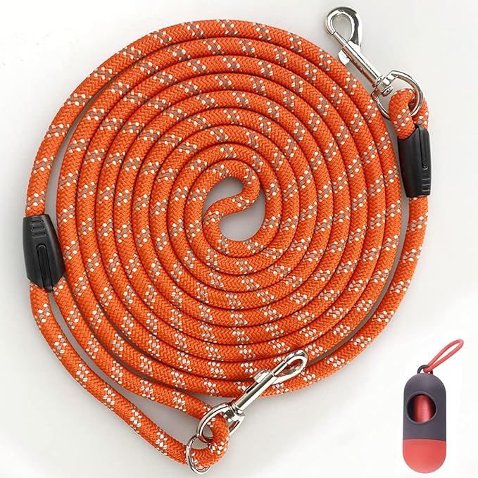 Long Rope Dog Leash for Dog Training 12FT 20FT 30FT 50FT, Reflective Threads Dog Cat Leashes Tie-Out Check Cord Recall Training Agility Lead for Large Medium Small Dogs (Orange, 10mm*20ft)