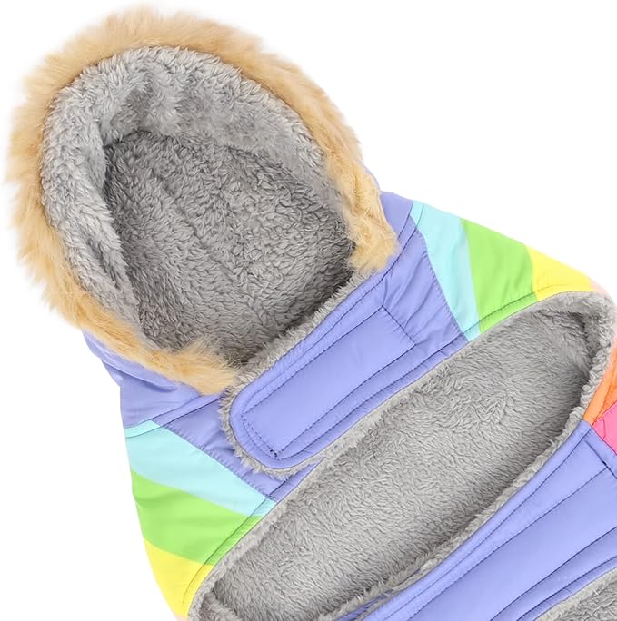 HDE Dog Puffer Jacket Fleece Lined Warm Dog Parka Winter Coat with Harness Hole Pastel Rainbow - XL