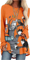 Womens Tunic Shirt Cute Cat Print Long Sleeve Round Neck Women T Shirts Cotton Casual Plus Size Vacation Tunics Tops