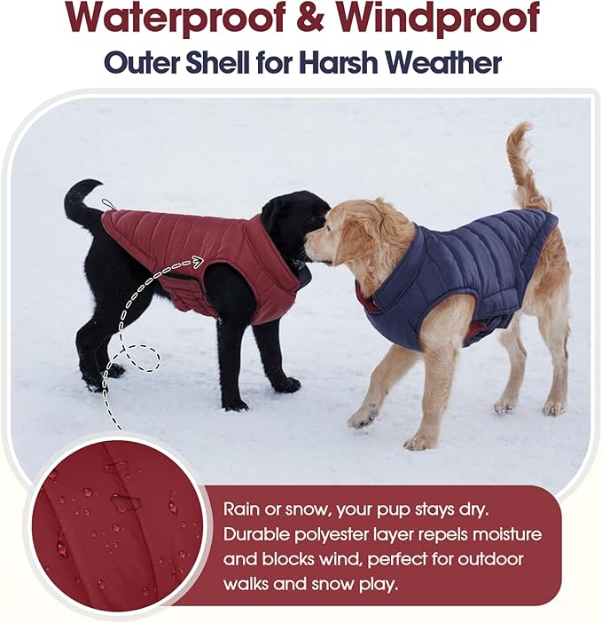 QBLEEV Reversible Dog Jacket for Large Dogs, Waterproof Windproof Winter Coat with Adjustable Hook & Loop Design, Lightweight Puffer Vest Keeps Dogs Warm & Dry, Wine Red, XL – Fits Pitbull, Boxer
