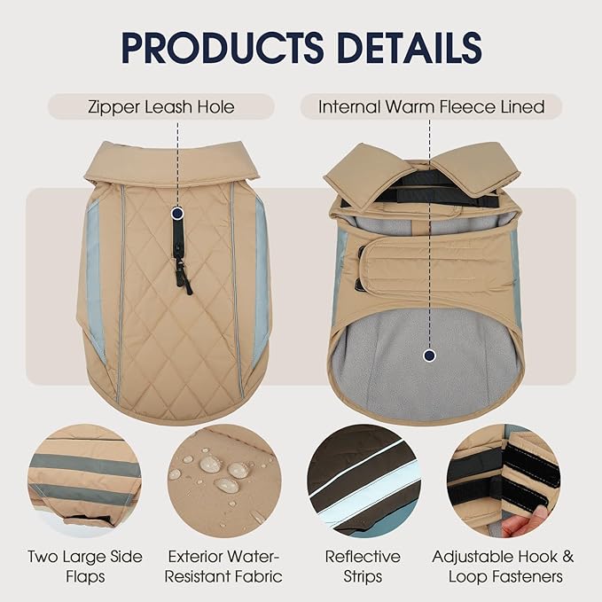 IECOii Dog Coat for Winter - Waterproof & Warm Dogs Coats, Reflective & Adjustable Jacket for Outdoor Cold Weather, Mashine Washable, Khaki, Sizes L