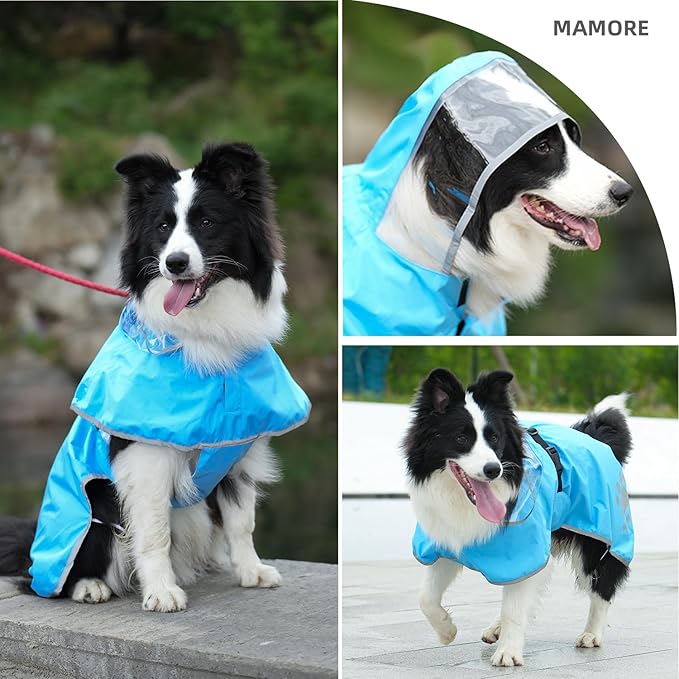 MAMORE Dog Raincoat Hooded Rain Jacket for Small Medium Large Dogs Slicker Poncho Bottom Waterproof Adjustable Reflective Breathable Leash Hole (Blue, Large)
