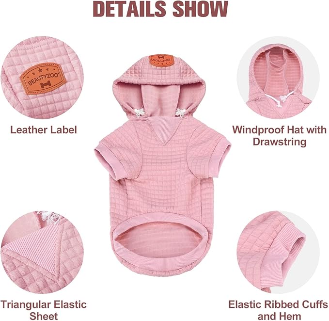 BEAUTYZOO Small Dog Hoodie Sweater with Pockets, Dog Clothes for Small Medium Dogs Boy Girl, Waffle-like Laminated Cotton Pet Coats with Hat and Leash Hole, All Weather Coat for Puppy Doggie Chihuahua