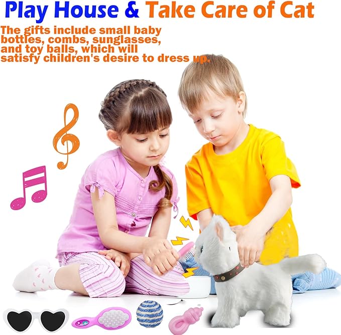 White Leash Walking Cat Set Singing That Purrs and Meows Animated Plush Robot Kitten Pet Moving Plush Realistic Stuffed Animal Remote Control Cute Kawai Robotic Kitty Toy for Kid