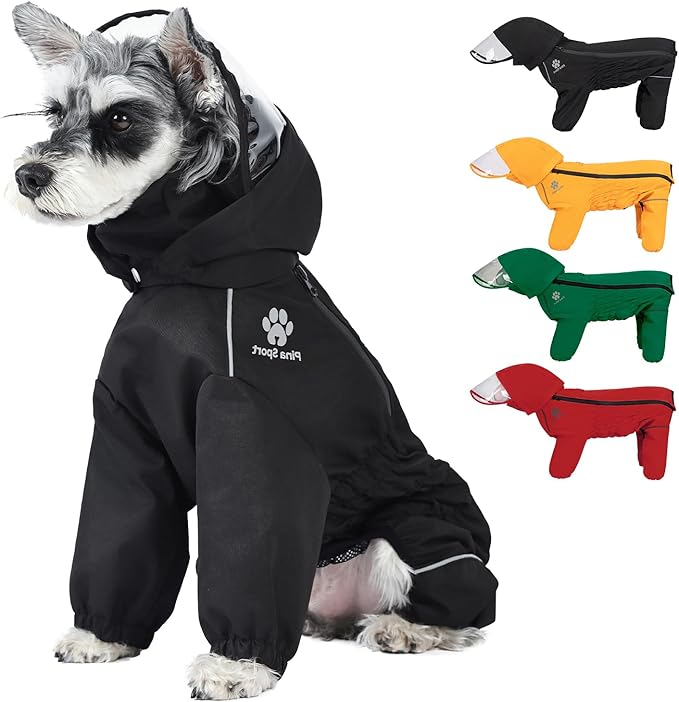 PINA Lightweight Dog Raincoat with Hood, Jacket Poncho - Waterproof Dog Jacket with Leash Hole, Reflective Strap and Pocket for Wet Weather, Full Wrap Design for Full Protection