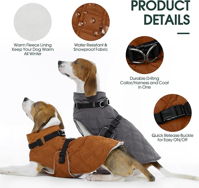 Kuoser Dog Coat Warm Fleece Lining Turtleneck Dog Jacket with Harness Built-in, Adjustable Windproof Cold Weather Coats with Quick Release Buckle Pet Winter Snowsuit for Small Medium Dogs, Khaki M