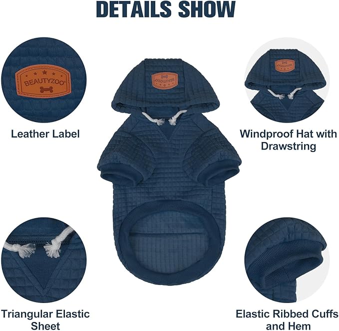 BEAUTYZOO Small Dog Hoodie Sweater with Pockets, Dog Clothes for Small Medium Dogs Boy Girl, Waffle-Like Laminated Cotton Pet Coats with Hat and Leash Hole, Navy Blue L