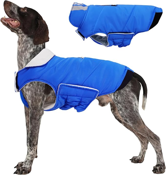Kuoser Dog Coat Large, Cold Weather Reflective Waterproof Dogs Jacket with Warm Fleece Lining, Turtleneck Dog Winter Coat with Zipper, Doggy Snow Jacket Pet Coats for Small Medium Large Dogs, Blue L